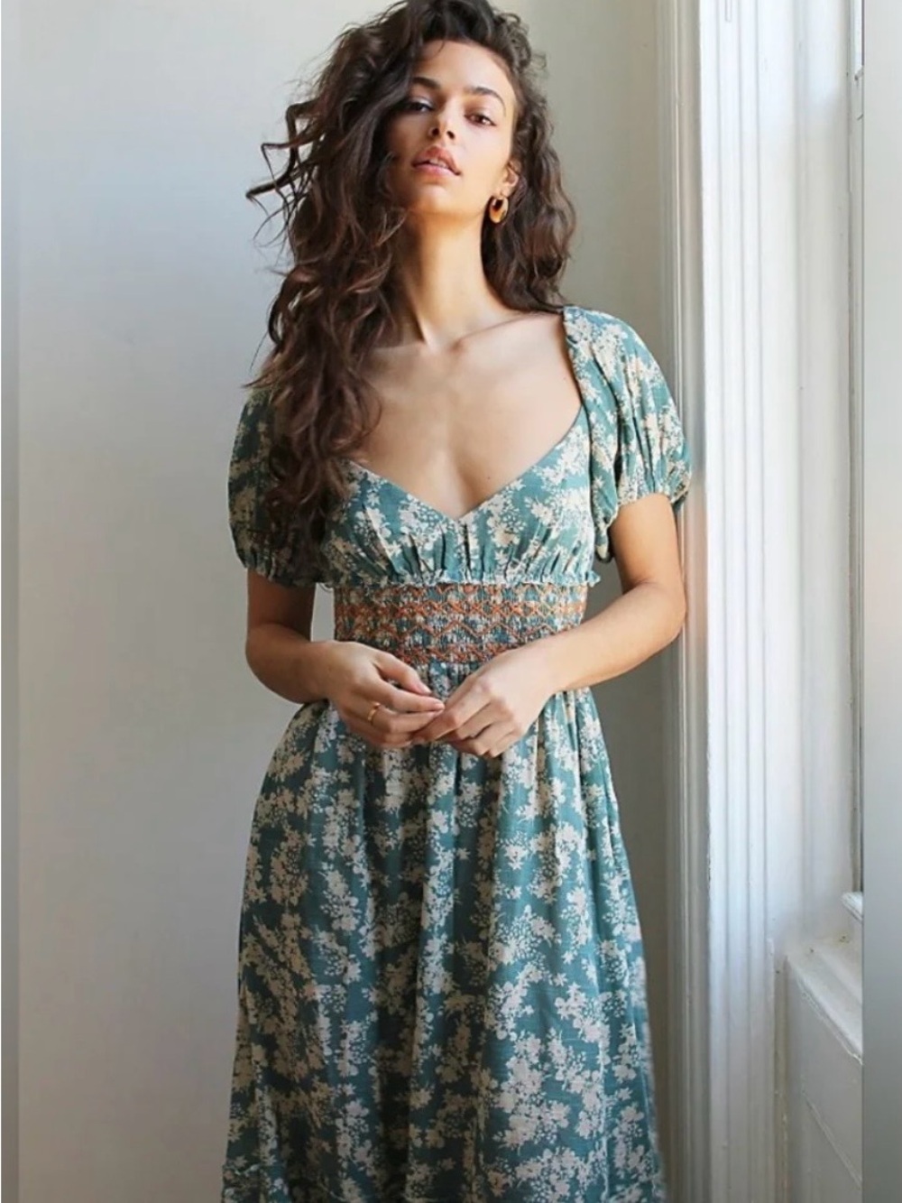 Free People Teal Floral Midi Dress with Smocked Waist